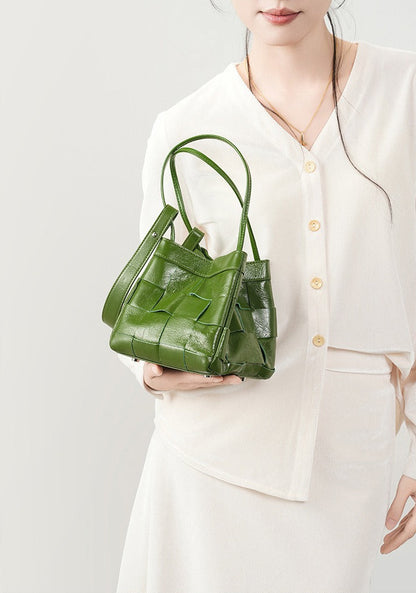 Woven Waxed Leather Crossbody Bucket Bag