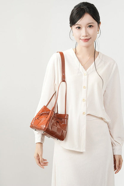 Woven Waxed Leather Crossbody Bucket Bag
