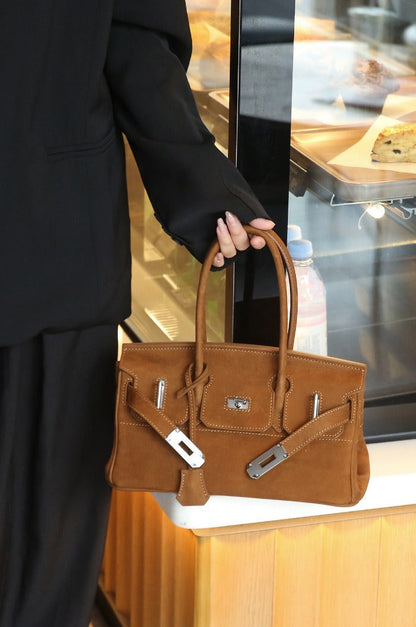 Suede Flap Top-Handle Bag