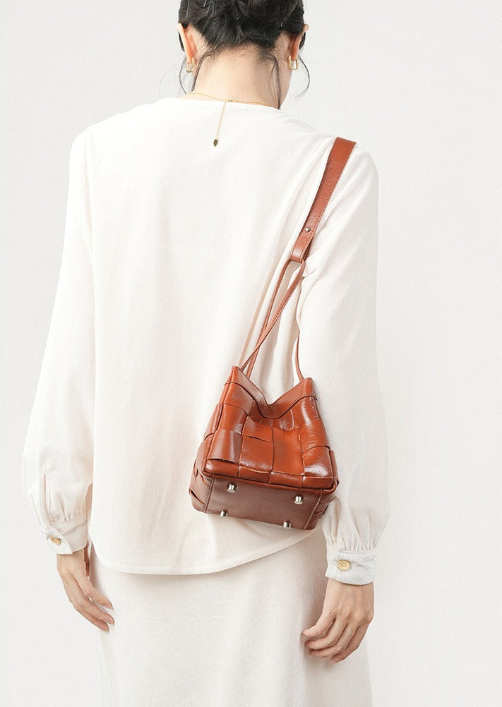Woven Waxed Leather Crossbody Bucket Bag