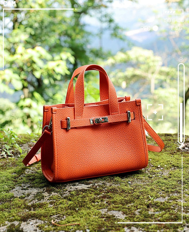 Pebbled Leather Turn-Lock Tote Handbag