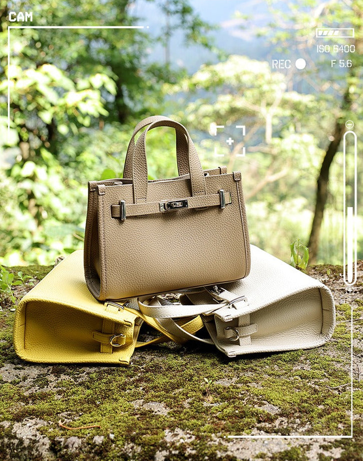 Pebbled Leather Turn-Lock Tote Handbag