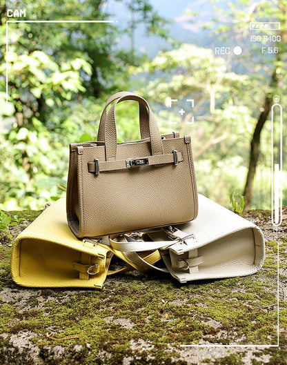 Pebbled Leather Turn-Lock Tote Handbag
