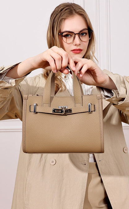 Pebbled Leather Turn-Lock Tote Handbag