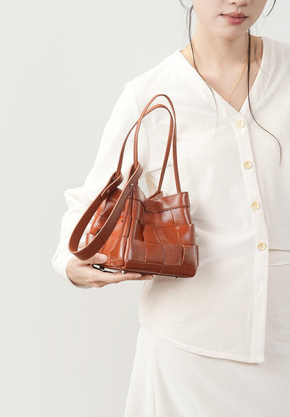 Woven Waxed Leather Crossbody Bucket Bag