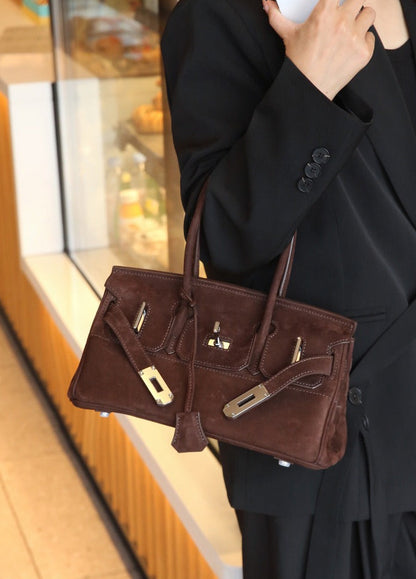 Suede Flap Top-Handle Bag