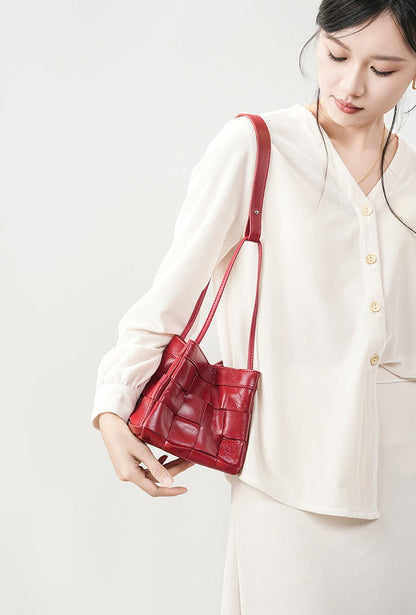 Woven Waxed Leather Crossbody Bucket Bag