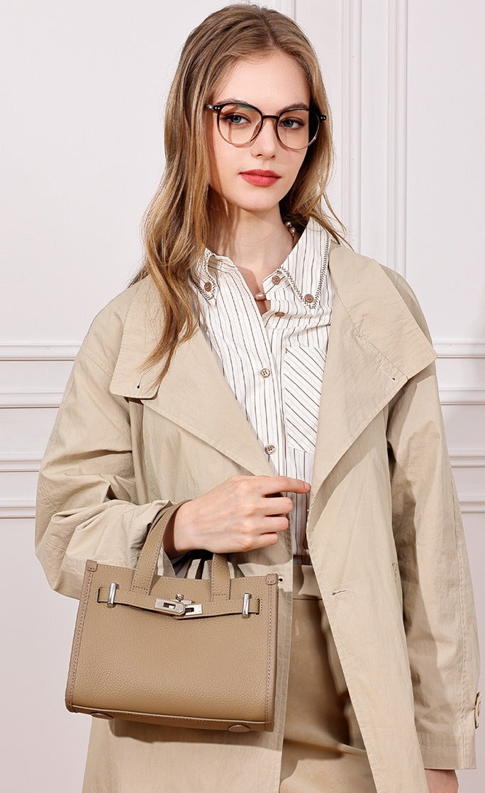 Pebbled Leather Turn-Lock Tote Handbag