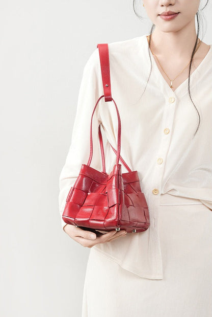 Woven Waxed Leather Crossbody Bucket Bag