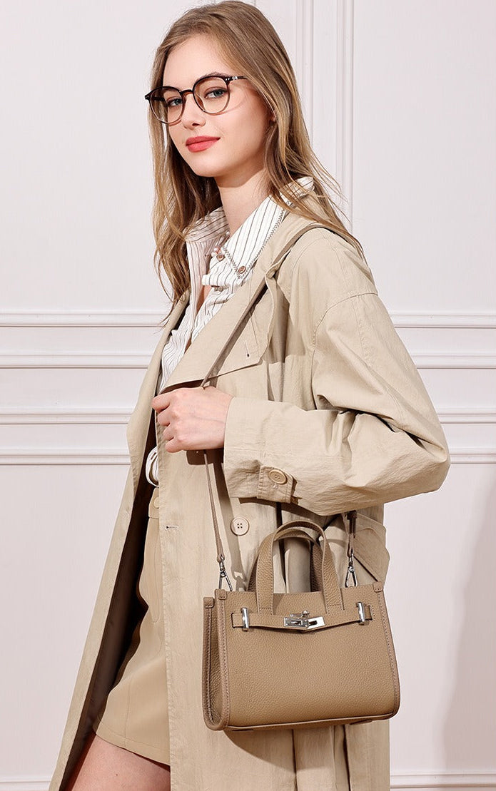 Pebbled Leather Turn-Lock Tote Handbag