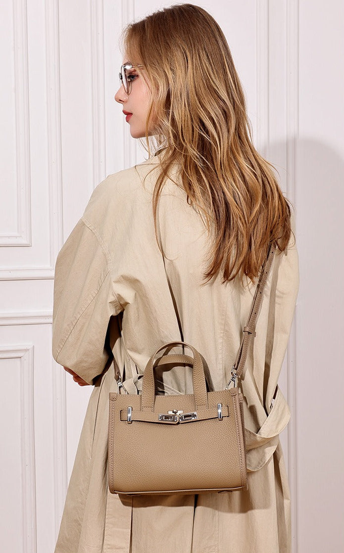 Pebbled Leather Turn-Lock Tote Handbag