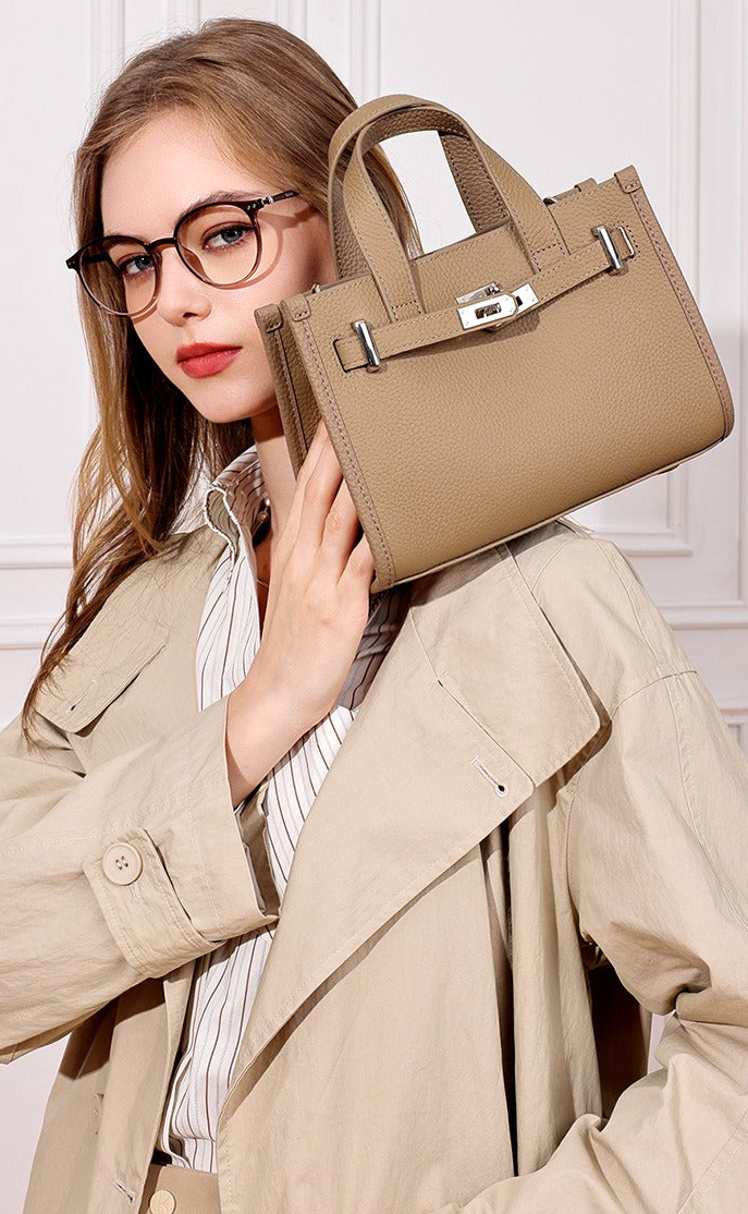 Pebbled Leather Turn-Lock Tote Handbag