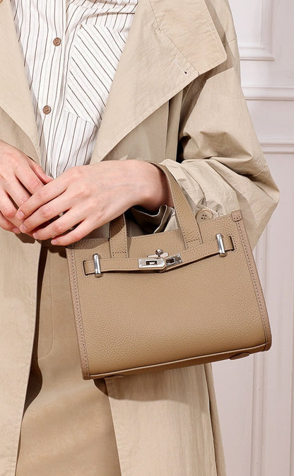 Pebbled Leather Turn-Lock Tote Handbag