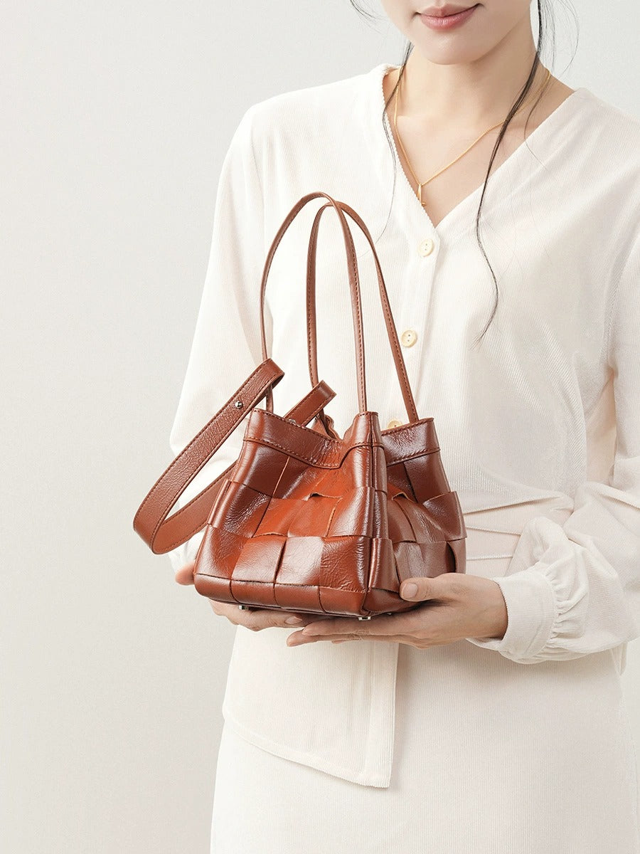 Woven Waxed Leather Crossbody Bucket Bag