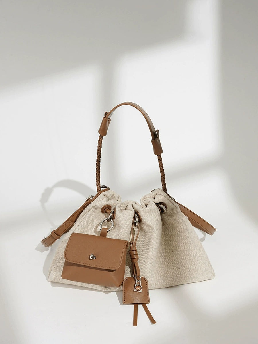 Linen Drawstring Shoulder Bucket Bag