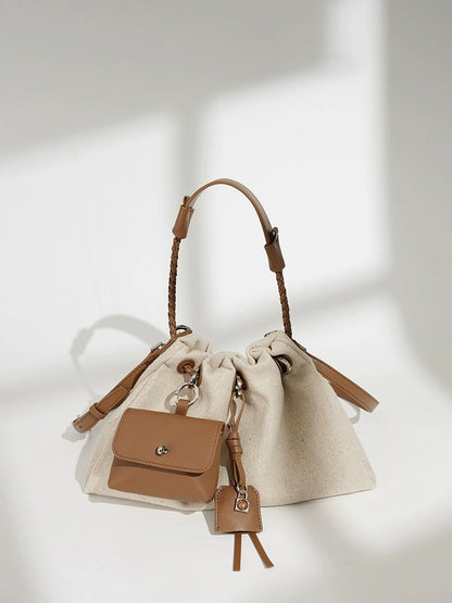 Linen Drawstring Shoulder Bucket Bag