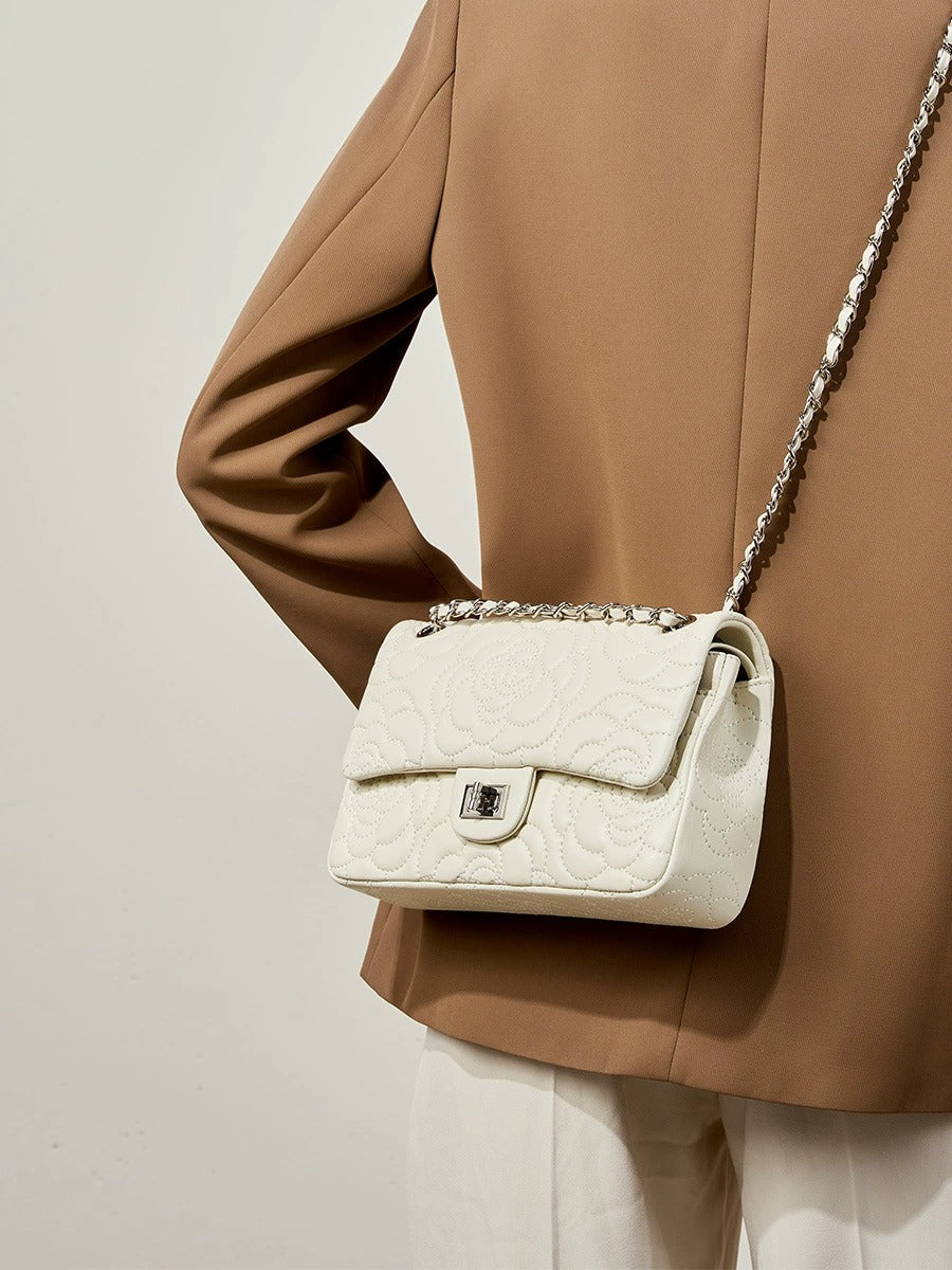 Floral Embroidered Leather Chain Bag