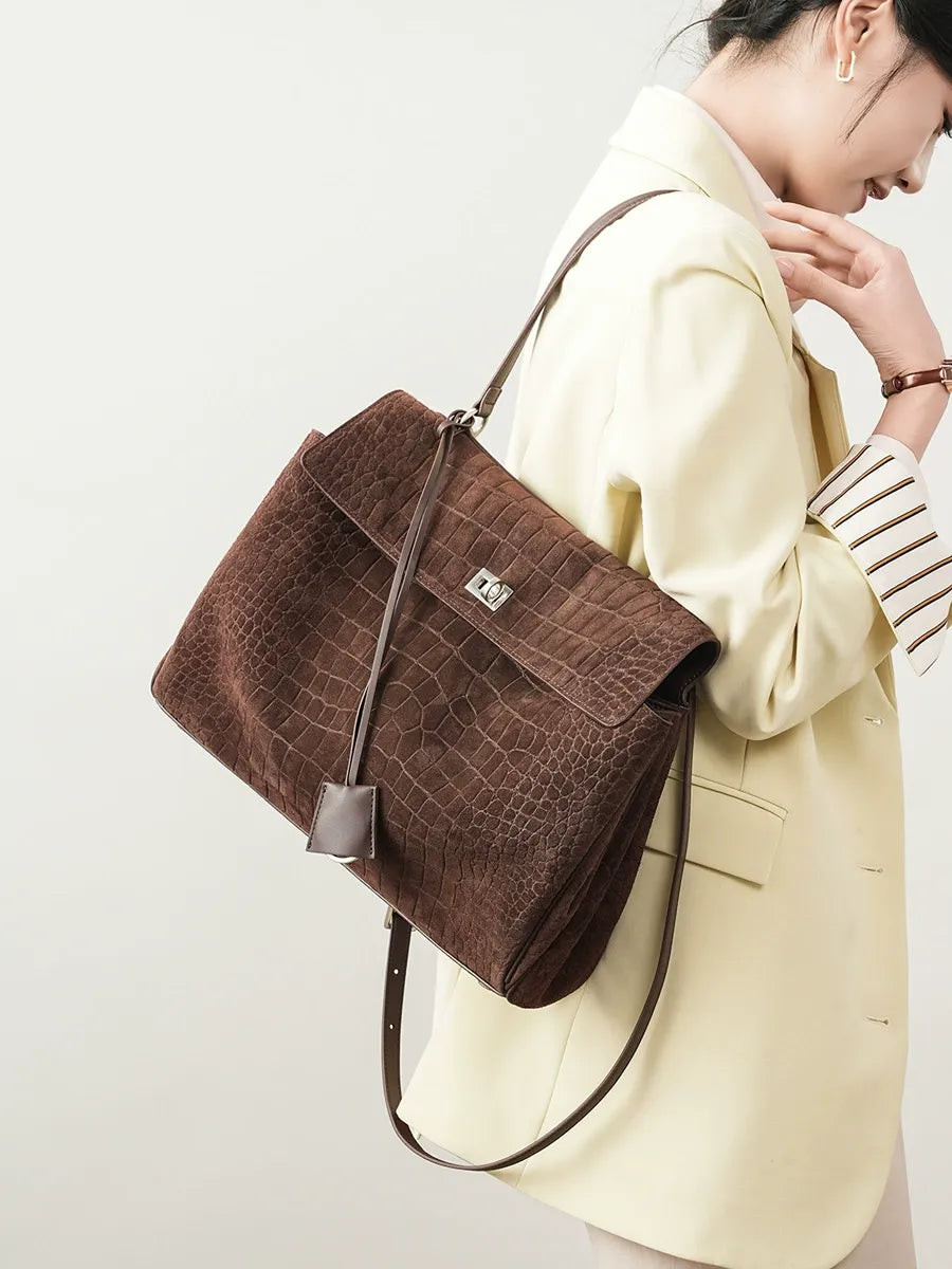 Textured Suede Shoulder Flap Bag