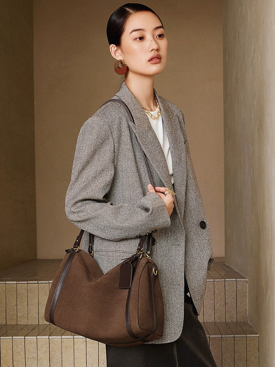Suede Leather Shoulder Boston Bag