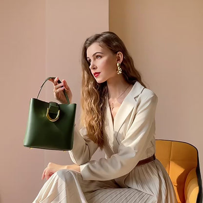 Structured Genuine Leather Bucket Bag
