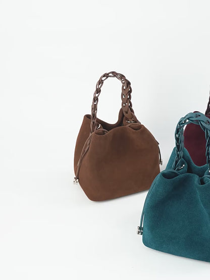 Suede Braided Handle Bucket Bag