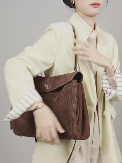 Textured Suede Shoulder Flap Bag