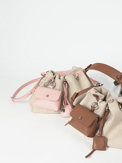 Linen Drawstring Shoulder Bucket Bag