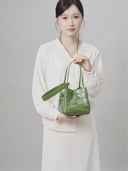 Woven Waxed Leather Crossbody Bucket Bag