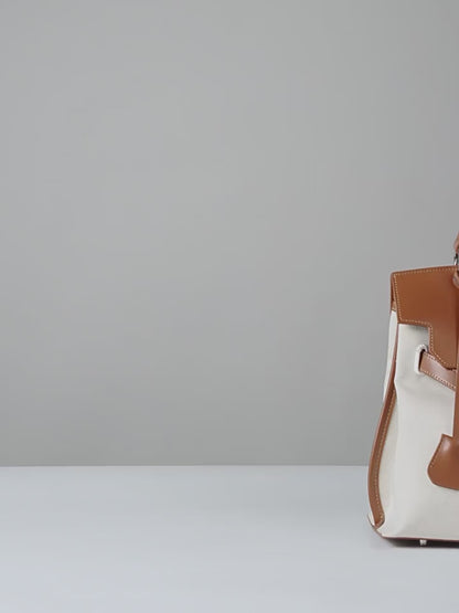 Canvas Leather Turn-Lock Top-Handle Bag