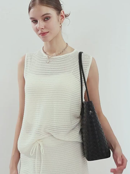 Woven Cowhide Shoulder Tote Bag
