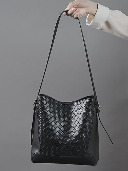 Woven Leather Bucket Shoulder Bag